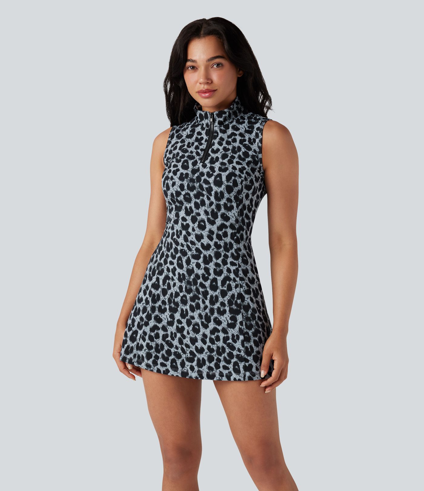Halara UltraSculpt™ Leopard Print Polo Neck Half Zipper Sleeveless Micro Tennis Active Dress with Pockets