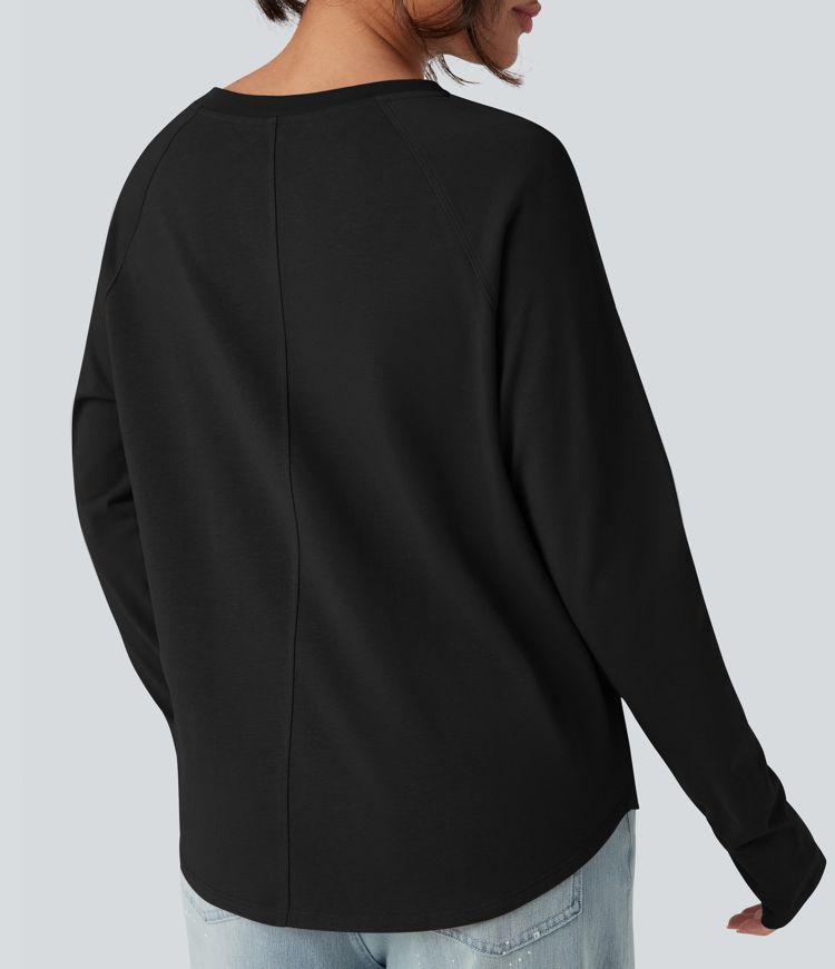 Crew Neck Raglan Long Sleeve Thumb Holes Curved Hem Relaxed Casual Cotton T-Shirt Crew Neck Raglan Long Sleeve Thumb Holes Curved Hem Relaxed Casual Cotton T-Shirt