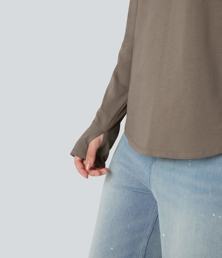 T-shirt décontracté en coton à col rond, manches longues raglan avec passants pouces et ourlet arrondi, coupe ample