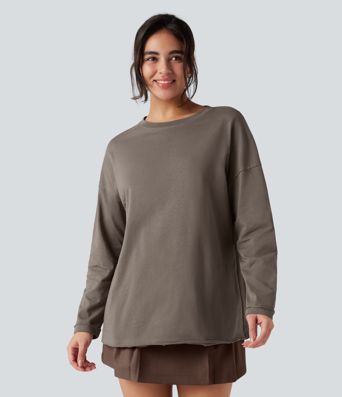 Round Neck Long Sleeve Oversized Casual Cotton T-Shirt