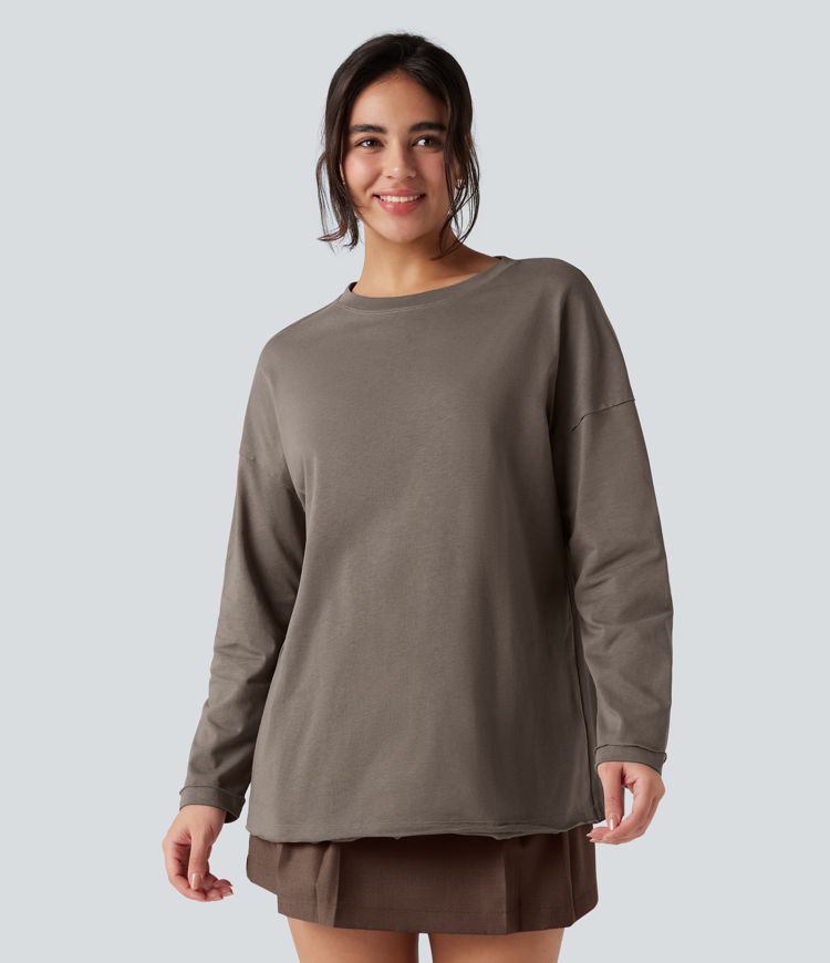 Round Neck Long Sleeve Oversized Casual Cotton T-Shirt