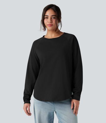 Crew Neck Raglan Long Sleeve Thumb Holes Curved Hem Relaxed Casual Cotton T-Shirt Crew Neck Raglan Long Sleeve Thumb Holes Curved Hem Relaxed Casual Cotton T-Shirt