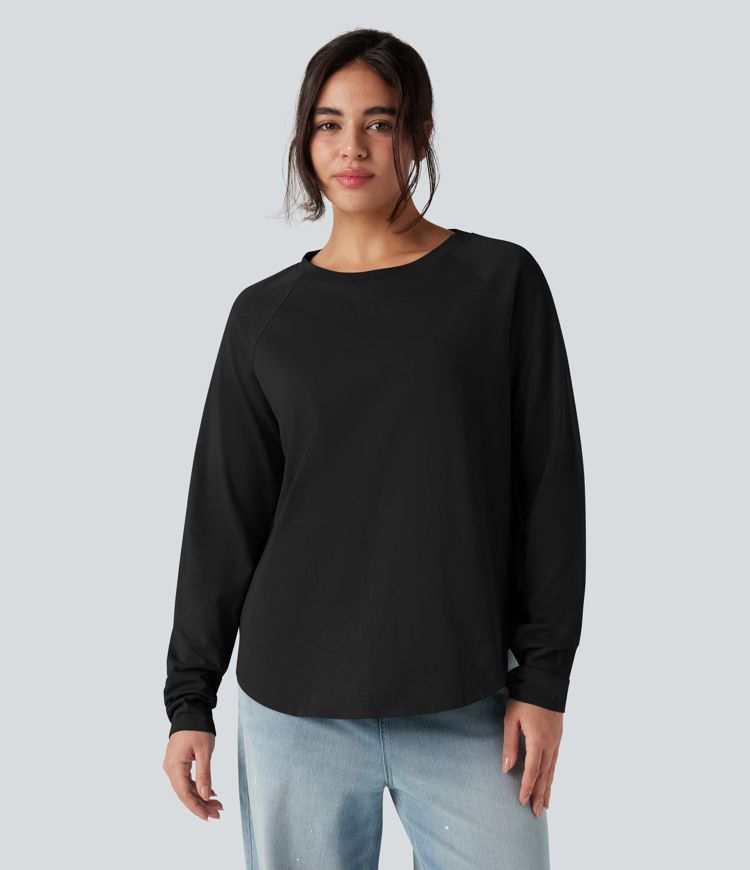 Crew Neck Raglan Long Sleeve Thumb Holes Curved Hem Relaxed Casual Cotton T-Shirt Crew Neck Raglan Long Sleeve Thumb Holes Curved Hem Relaxed Casual Cotton T-Shirt