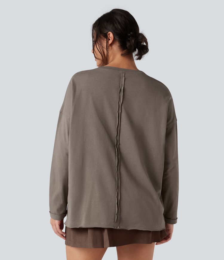 Round Neck Long Sleeve Oversized Casual Cotton T-Shirt