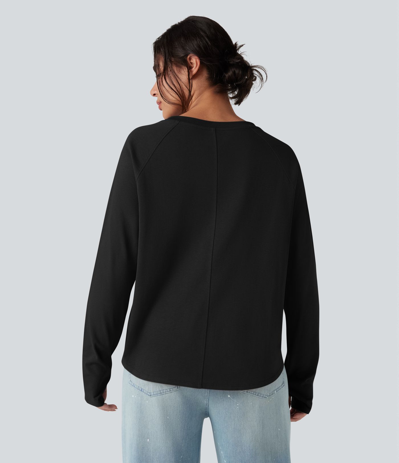 Crew Neck Raglan Long Sleeve Thumb Holes Curved Hem Relaxed Casual Cotton T-Shirt Crew Neck Raglan Long Sleeve Thumb Holes Curved Hem Relaxed Casual Cotton T-Shirt