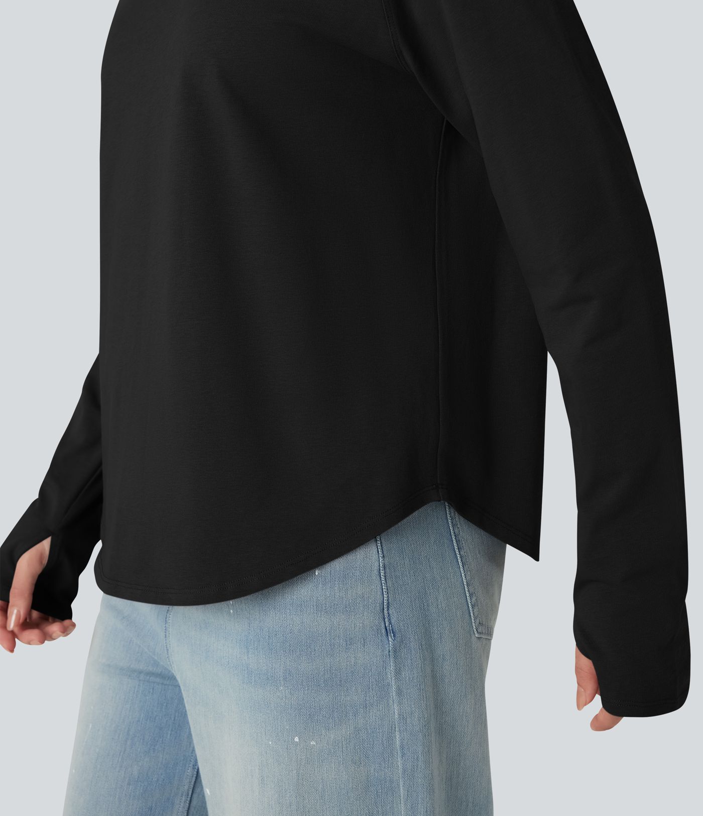 Crew Neck Raglan Long Sleeve Thumb Holes Curved Hem Relaxed Casual Cotton T-Shirt Crew Neck Raglan Long Sleeve Thumb Holes Curved Hem Relaxed Casual Cotton T-Shirt