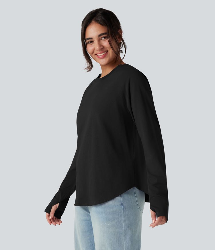 Crew Neck Raglan Long Sleeve Thumb Holes Curved Hem Relaxed Casual Cotton T-Shirt Crew Neck Raglan Long Sleeve Thumb Holes Curved Hem Relaxed Casual Cotton T-Shirt