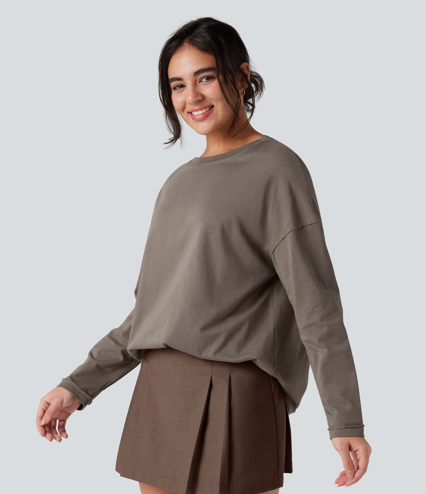 Round Neck Long Sleeve Oversized Casual Cotton T-Shirt