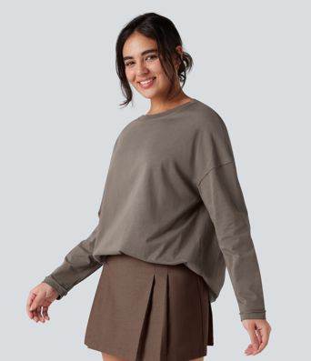 Round Neck Long Sleeve Oversized Casual Cotton T-Shirt