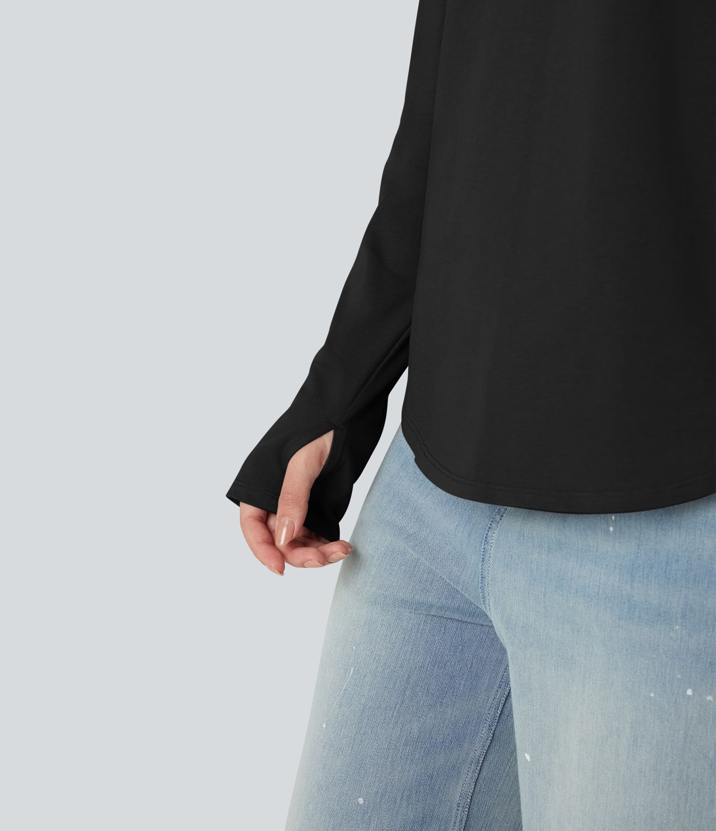 Crew Neck Raglan Long Sleeve Thumb Holes Curved Hem Relaxed Casual Cotton T-Shirt Crew Neck Raglan Long Sleeve Thumb Holes Curved Hem Relaxed Casual Cotton T-Shirt