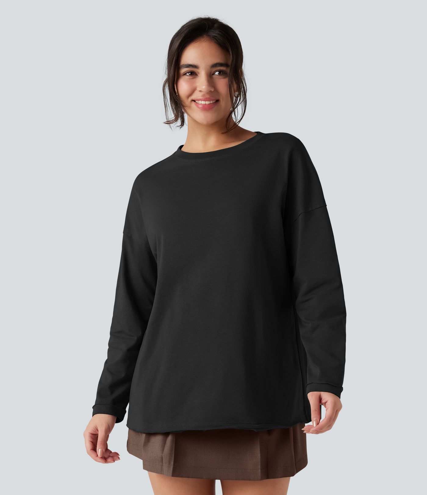 Round Neck Long Sleeve Oversized Casual Cotton T-Shirt