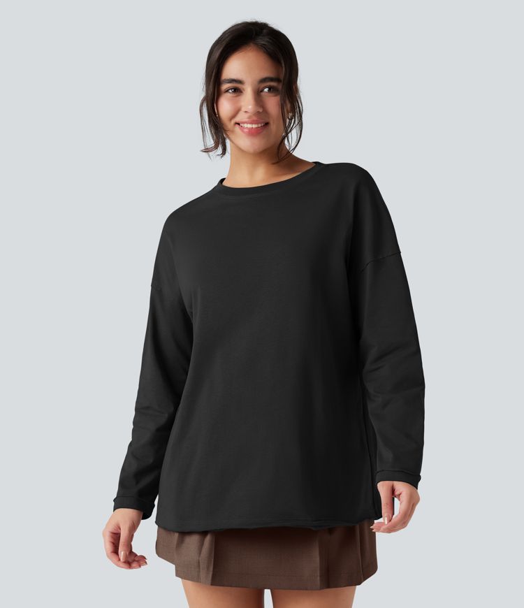 Round Neck Long Sleeve Oversized Casual Cotton T-Shirt