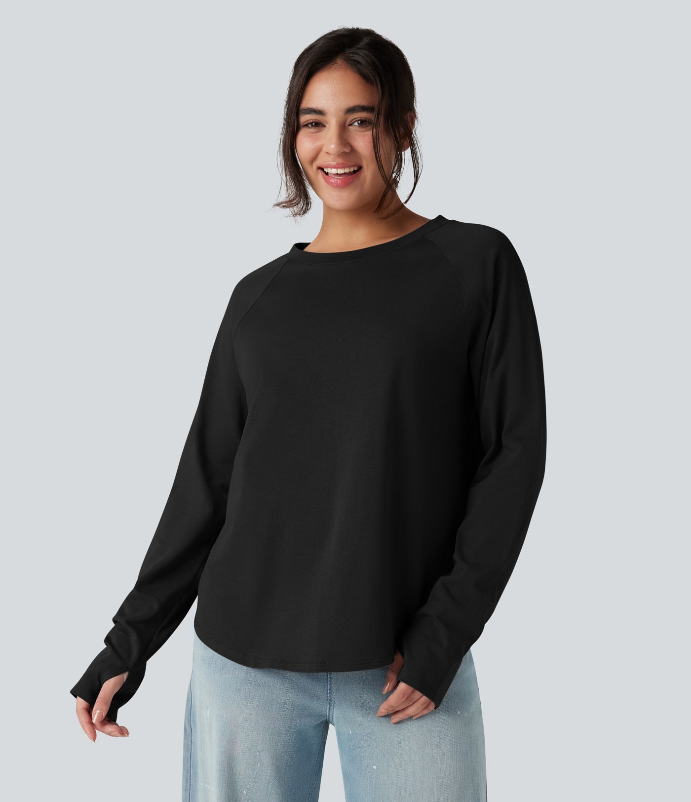Crew Neck Raglan Long Sleeve Thumb Holes Curved Hem Relaxed Casual Cotton T-Shirt Crew Neck Raglan Long Sleeve Thumb Holes Curved Hem Relaxed Casual Cotton T-Shirt