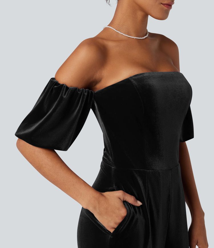 Tube Puff Sleeve Split Velvet Party Jumpsuit-Easy Peezy