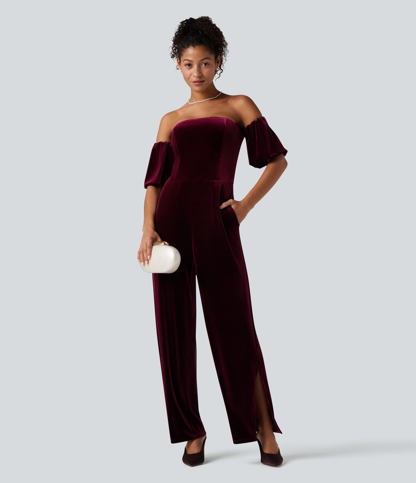 Combinaison velours bustier fendue manches bouffantes - Easy Peezy