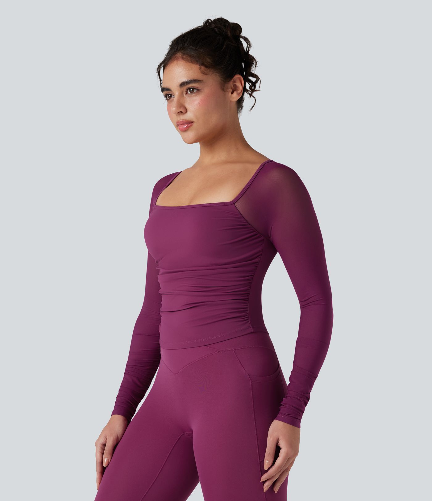 SoftlyZero™ Plush Square Neck Long Sleeve Contrast Mesh Ruched Yoga Sports Top