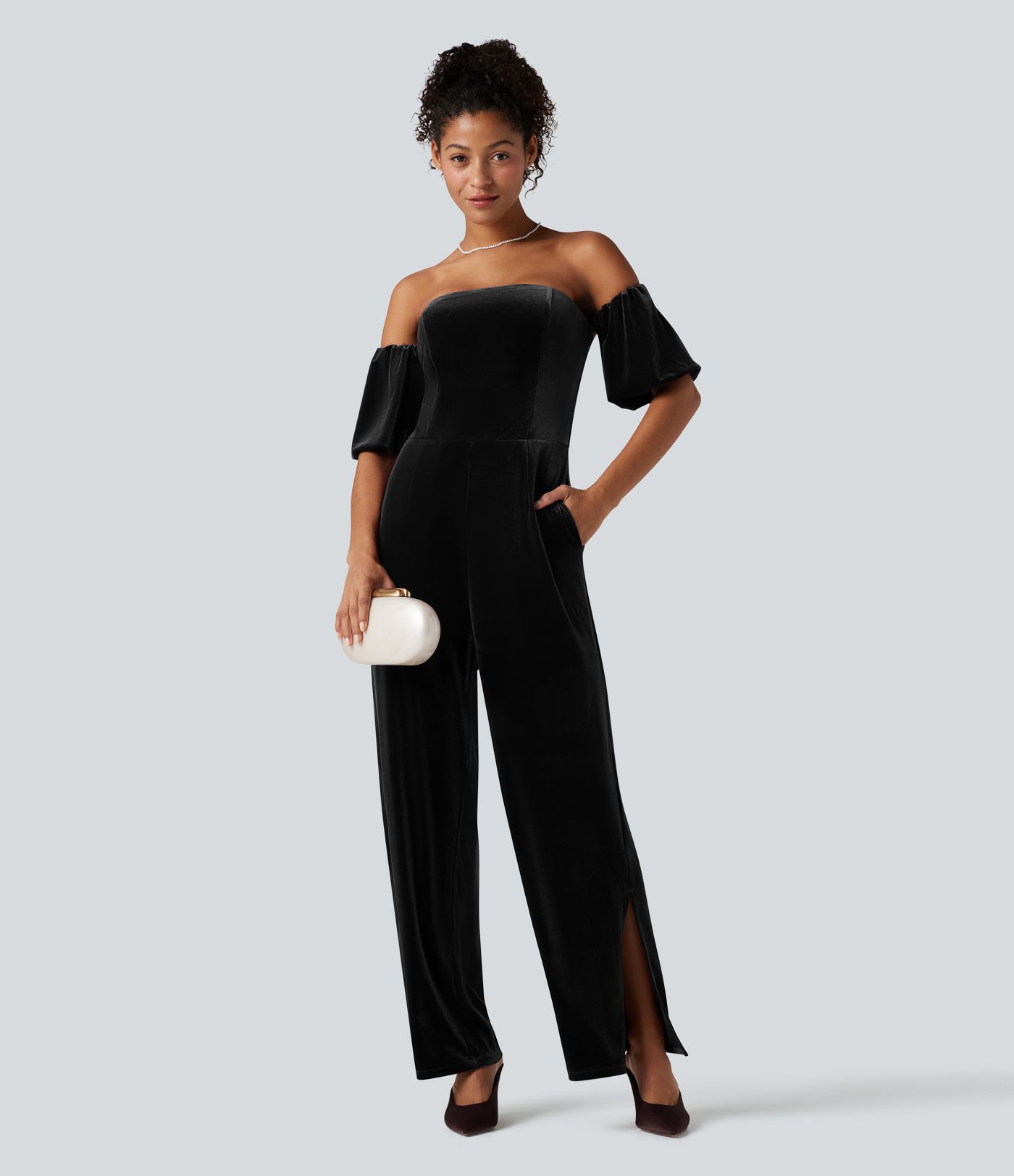 Tube Puff Sleeve Split Velvet Party Jumpsuit-Easy Peezy
