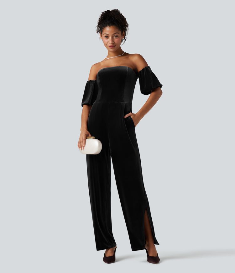 Tube Puff Sleeve Split Velvet Party Jumpsuit-Easy Peezy