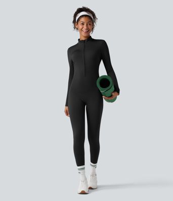 Stand Collar Long Sleeve Half Zip Fleece Yoga Jumpsuit