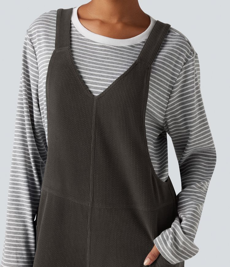 V Neck Corduroy Casual Dungarees with Pockets