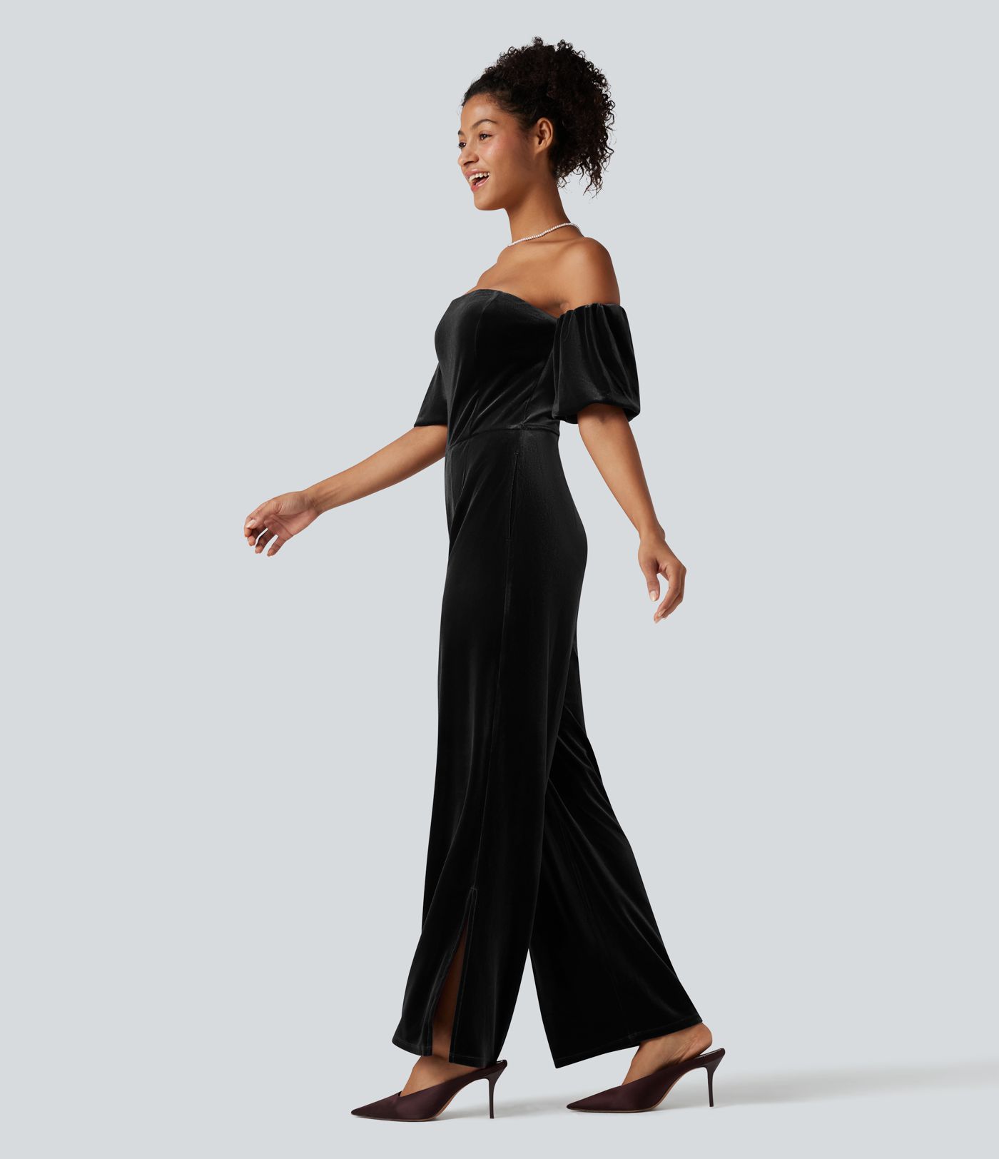 Tube Puff Sleeve Split Velvet Party Jumpsuit-Easy Peezy