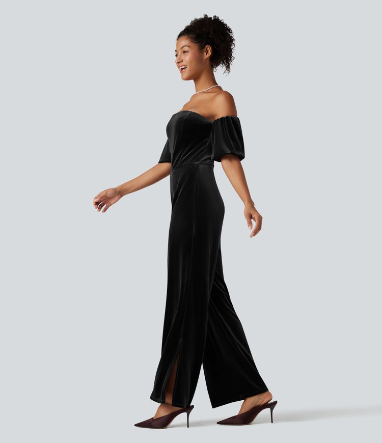 Tube Puff Sleeve Split Velvet Party Jumpsuit-Easy Peezy