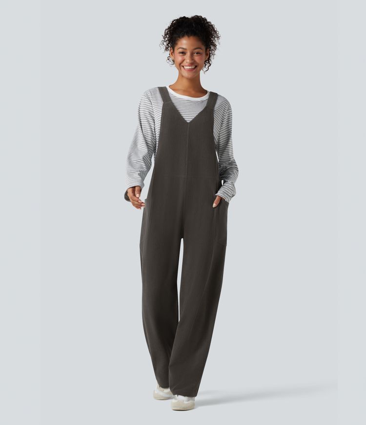 V Neck Corduroy Casual Overalls with Pockets