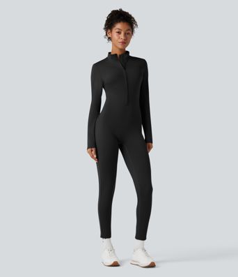 Stand Collar Long Sleeve Half Zip Fleece Yoga Jumpsuit