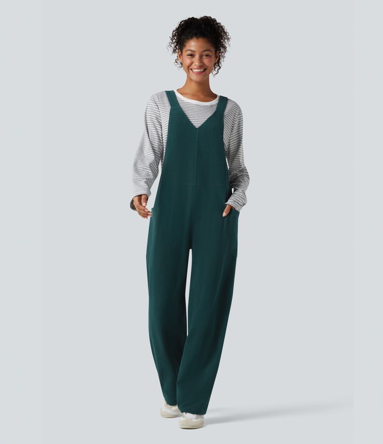 V Neck Corduroy Casual Dungarees with Pockets