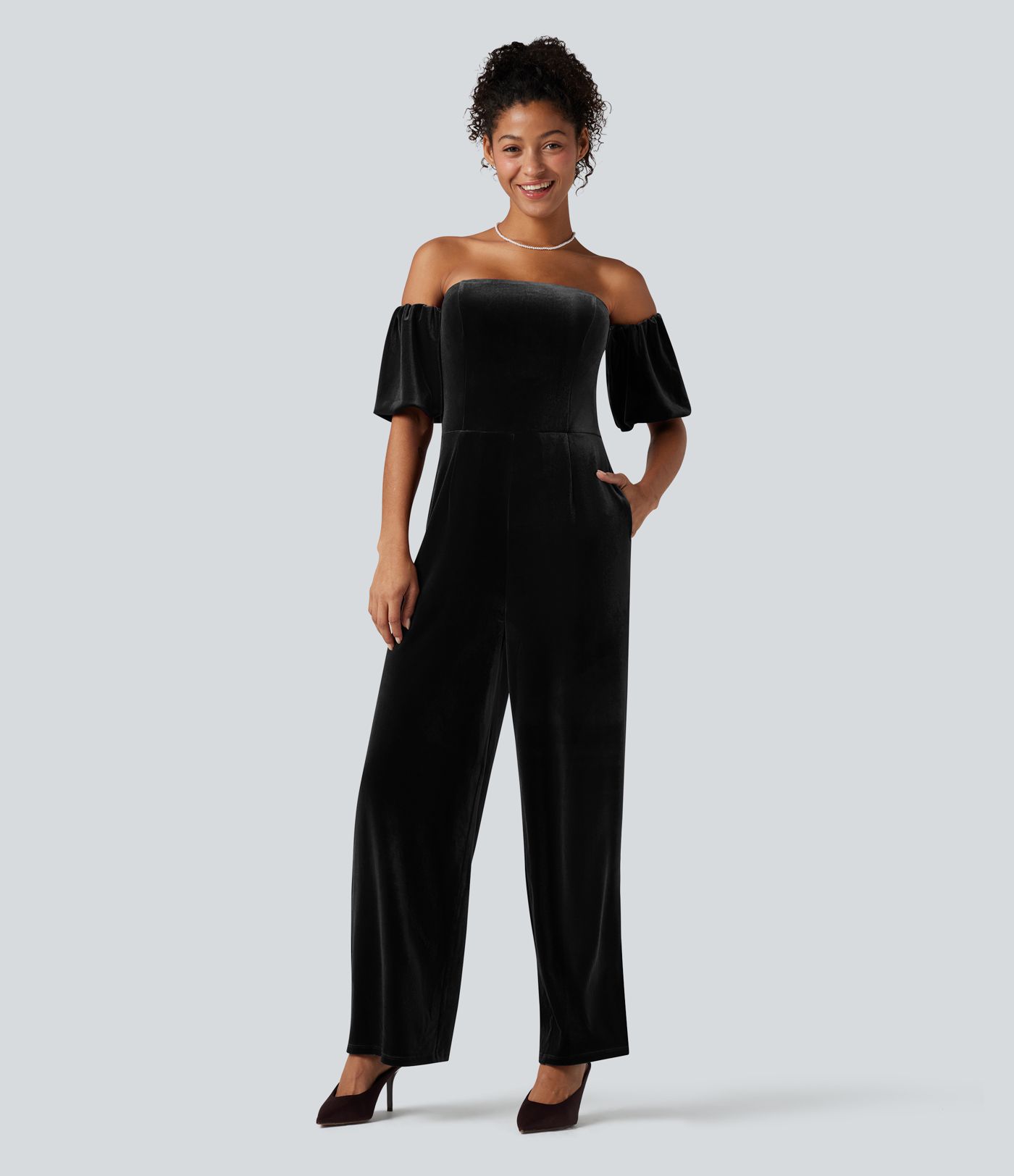 Tube Puff Sleeve Split Velvet Party Jumpsuit-Easy Peezy