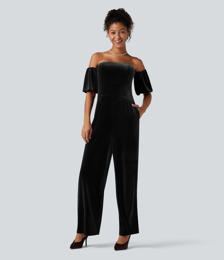 Tube Puff Sleeve Split Velvet Party Jumpsuit-Easy Peezy
