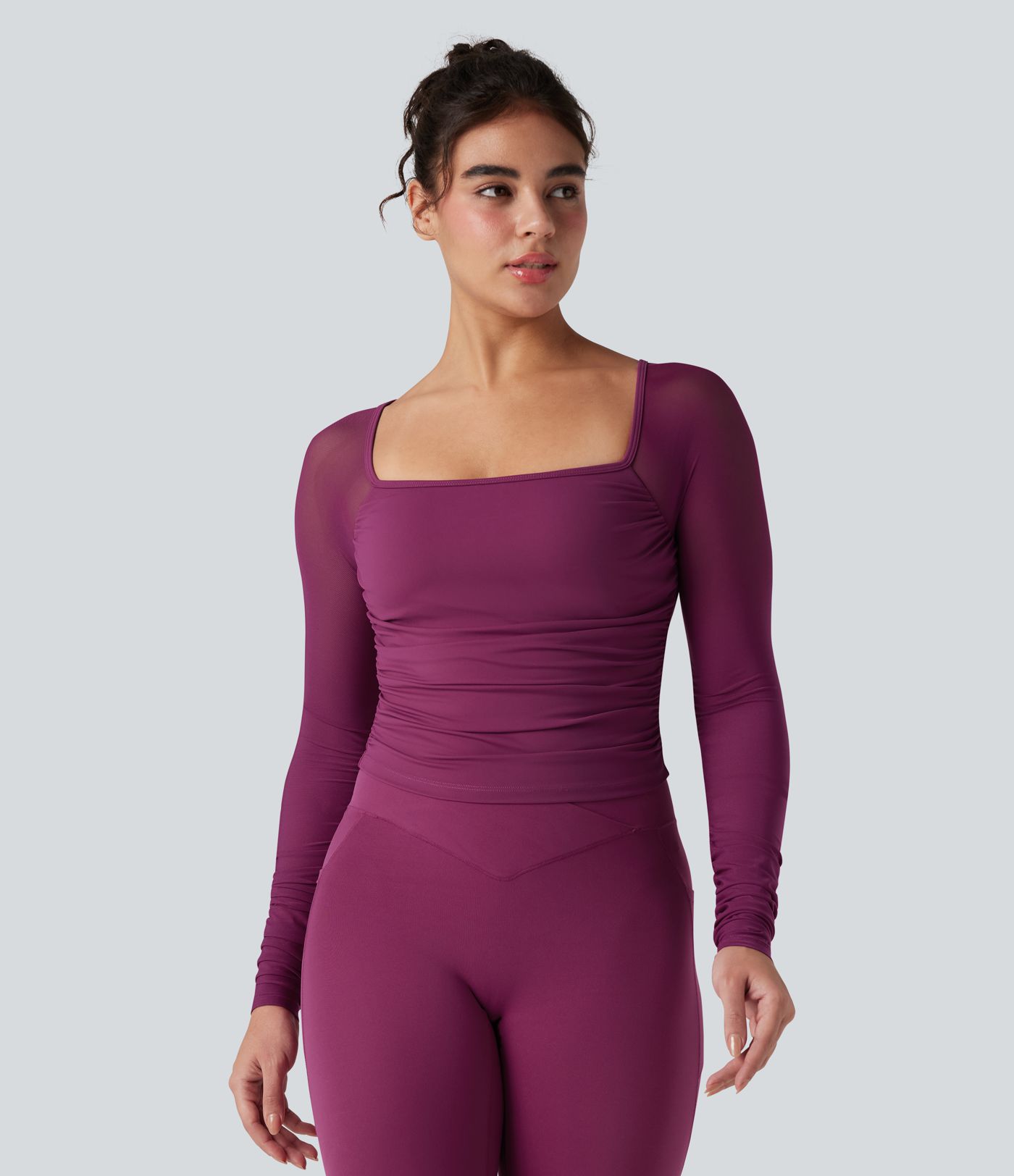 SoftlyZero™ Plush Square Neck Long Sleeve Contrast Mesh Ruched Yoga Sports Top
