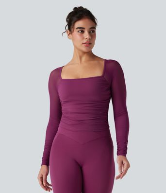 SoftlyZero™ Plush Square Neck Long Sleeve Contrast Mesh Ruched Yoga Sports Top