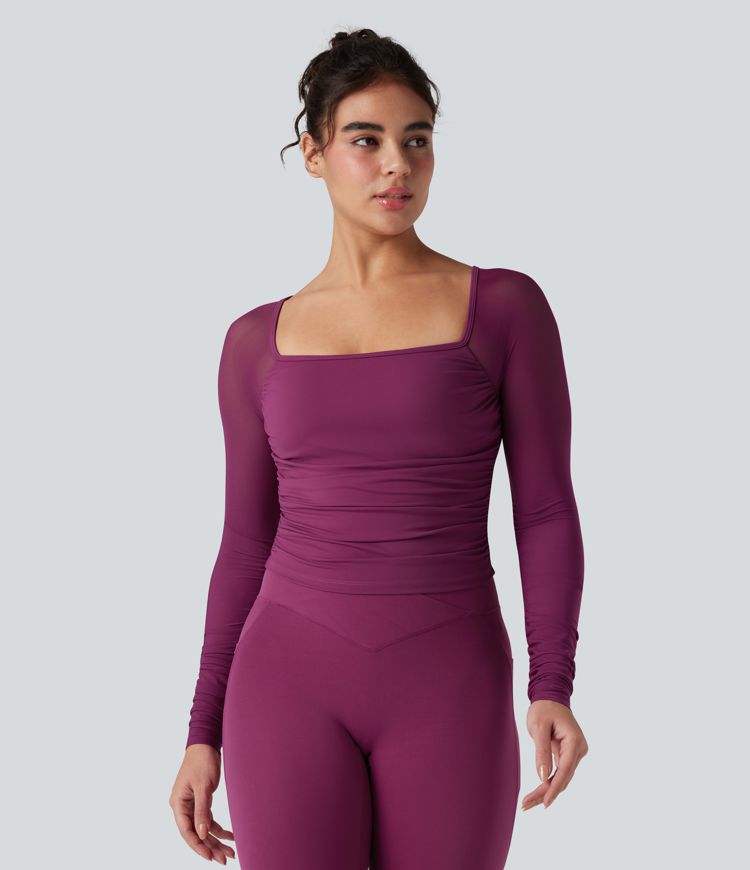 SoftlyZero™ Plush Square Neck Long Sleeve Contrast Mesh Ruched Yoga Sports Top