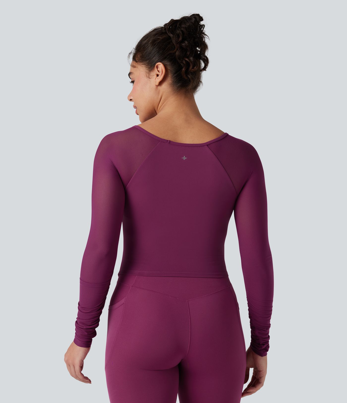 SoftlyZero™ Plush Square Neck Long Sleeve Contrast Mesh Ruched Yoga Sports Top