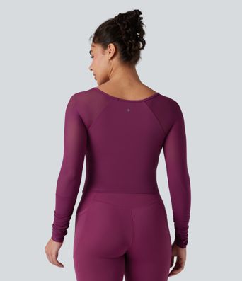 SoftlyZero™ Plush Square Neck Long Sleeve Contrast Mesh Ruched Yoga Sports Top