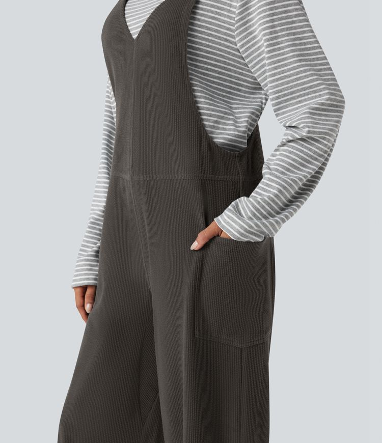 V Neck Corduroy Casual Dungarees with Pockets