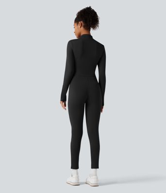 Stand Collar Long Sleeve Half Zip Fleece Yoga Jumpsuit