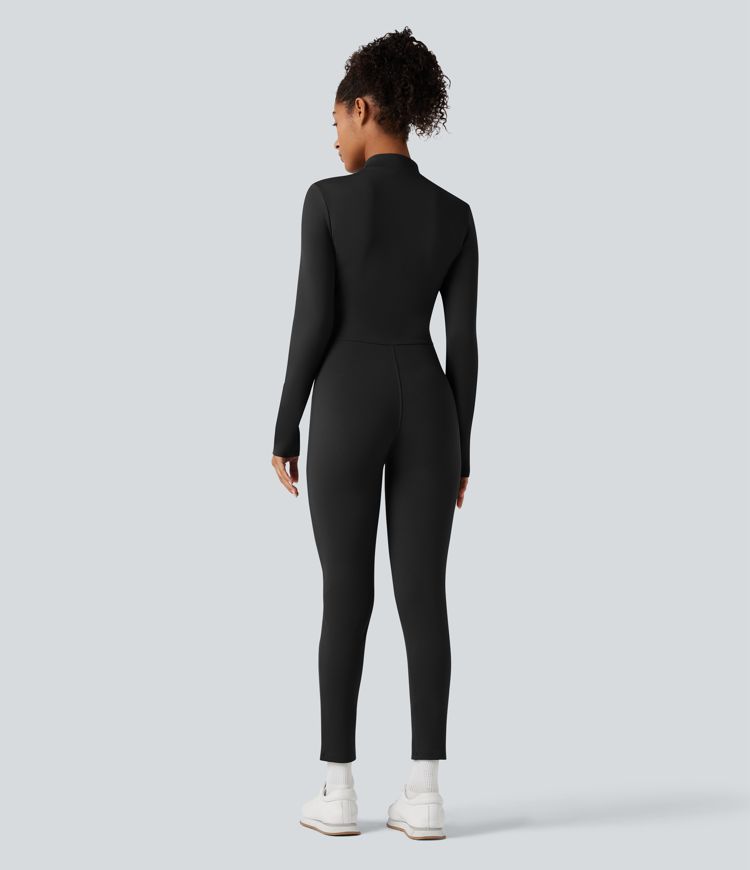 Stand Collar Long Sleeve Half Zip Fleece Yoga Jumpsuit