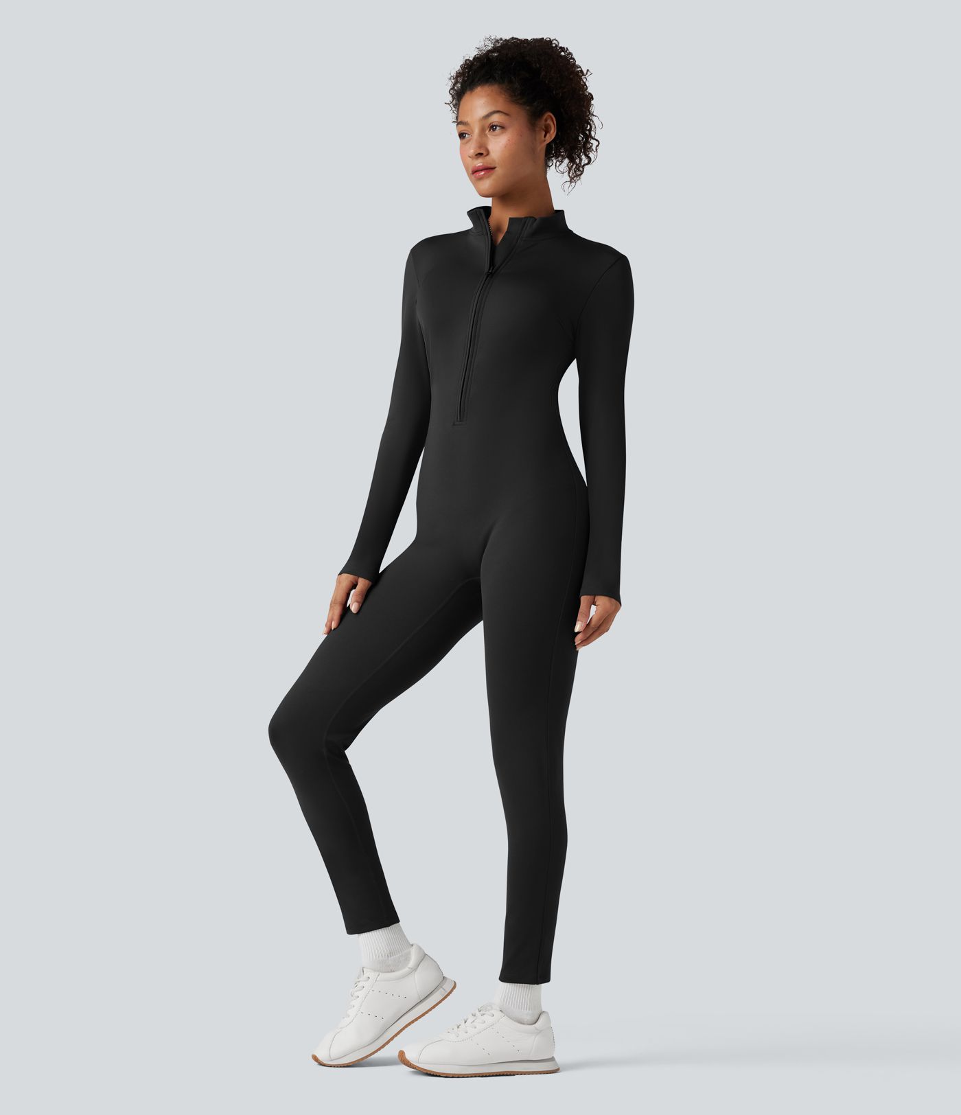 Stand Collar Long Sleeve Half Zip Fleece Yoga Jumpsuit