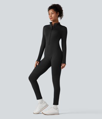 Stand Collar Long Sleeve Half Zip Fleece Yoga Jumpsuit