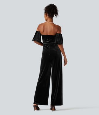 Tube Puff Sleeve Split Velvet Party Jumpsuit-Easy Peezy