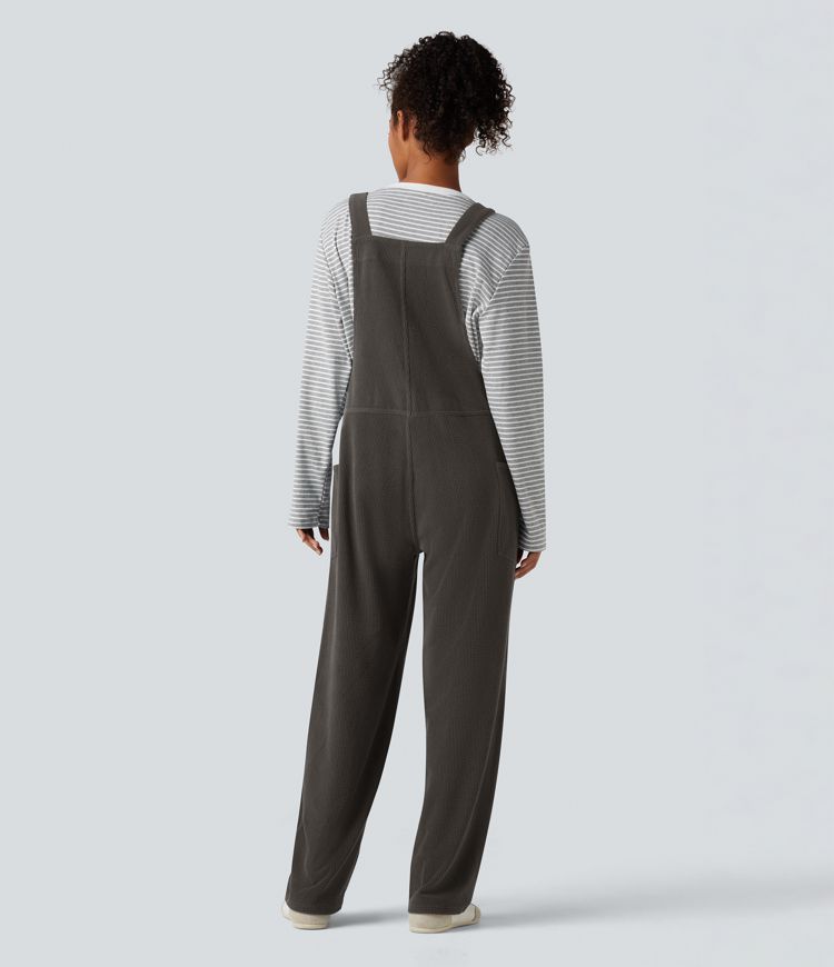 V Neck Corduroy Casual Dungarees with Pockets