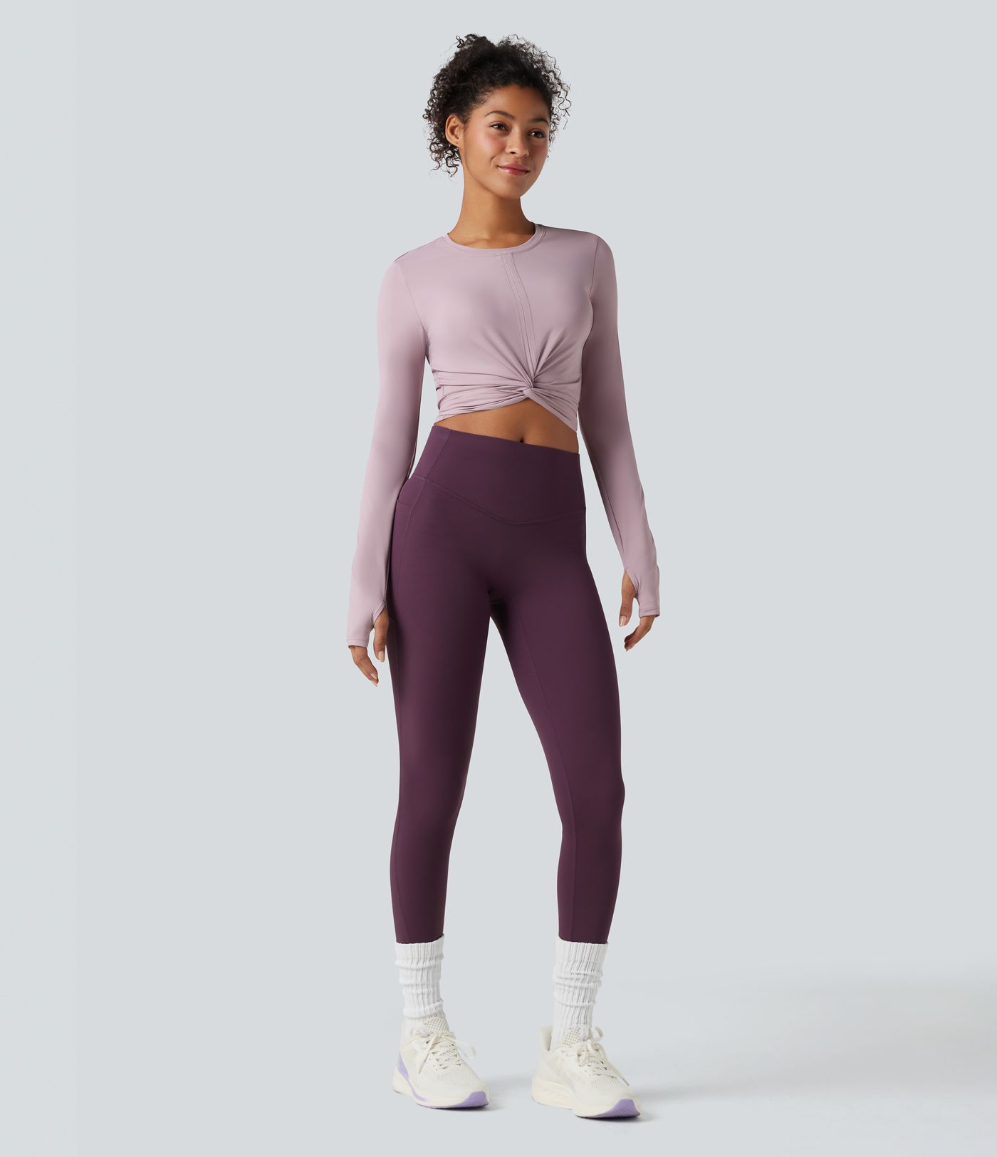 SoftlyZero™ Airy Round Neck Long Sleeve Thumb Hole Tie Back Cool Touch Cropped Yoga Top