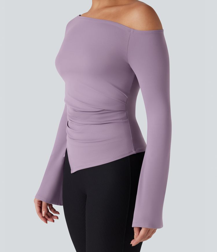 SoftlyZero™ Plush One Shoulder Long Sleeve Ruched Asymmetric Hem Yoga Sports Top