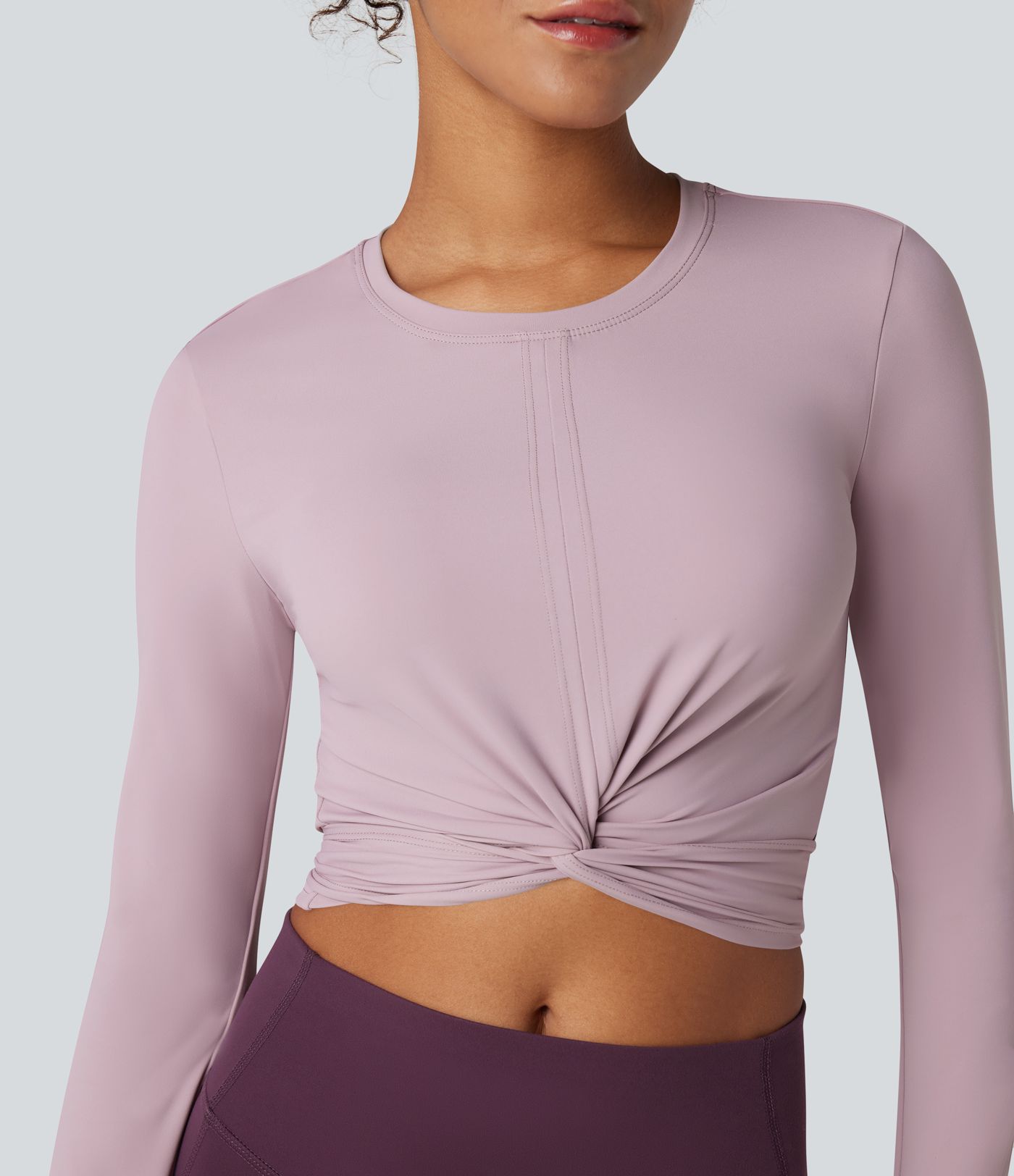 SoftlyZero™ Airy Round Neck Long Sleeve Thumb Hole Tie Back Cool Touch Cropped Yoga Top