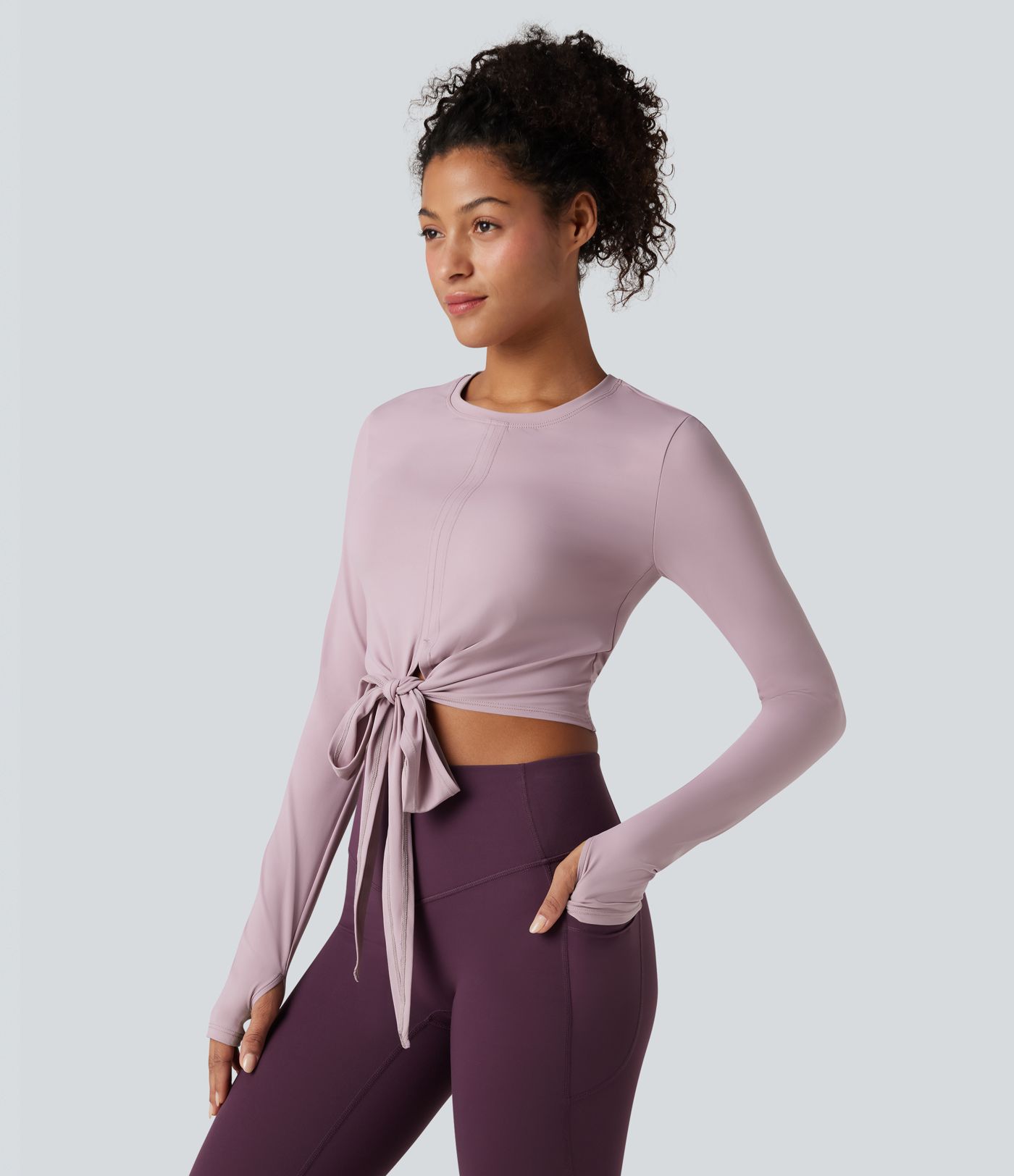 SoftlyZero™ Airy Round Neck Long Sleeve Thumb Hole Tie Back Cool Touch Cropped Yoga Top