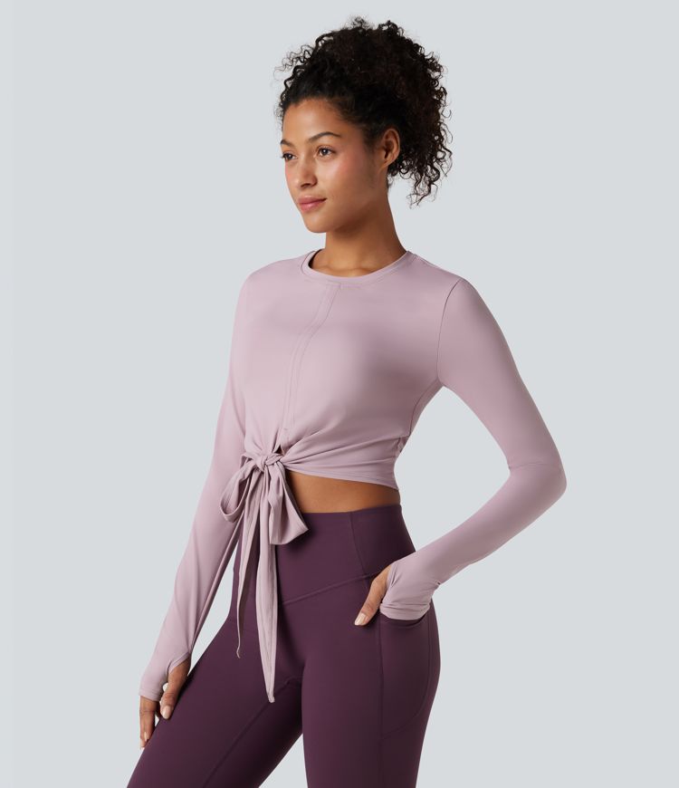 SoftlyZero™ Airy Round Neck Long Sleeve Thumb Hole Tie Back Cool Touch Cropped Yoga Top