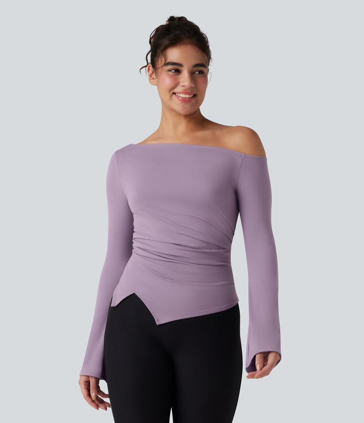 SoftlyZero™ Plush One Shoulder Long Sleeve Ruched Asymmetric Hem Yoga Sports Top