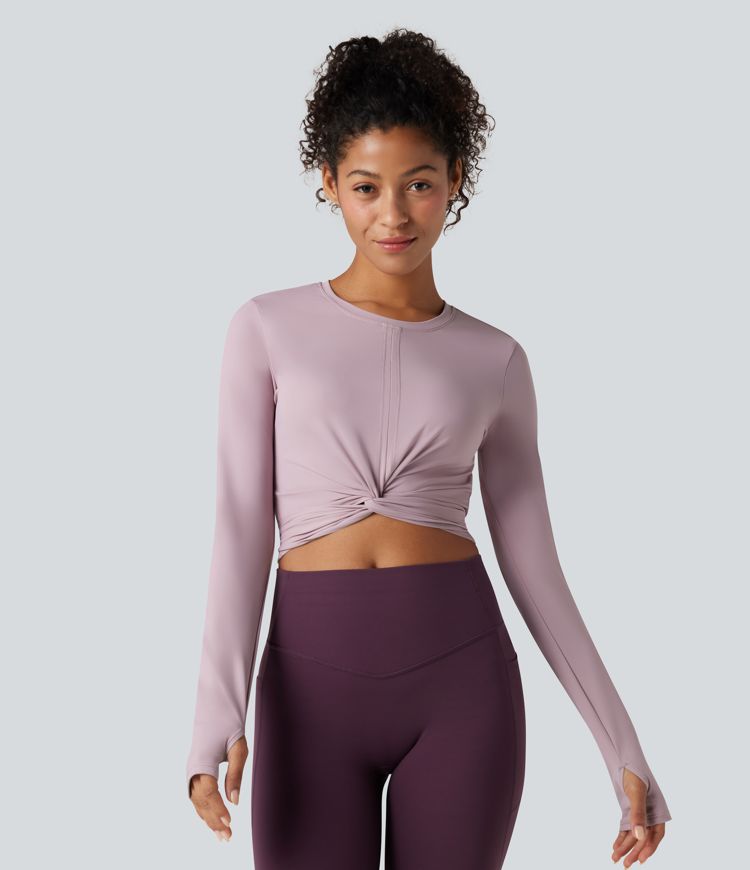 Softlyzero™ Airy - Kurzes Yoga-Top mit Rundhalsausschnitt, langen Ärmeln, Daumenlöchern, Cool-Touch und Bindeband hinten